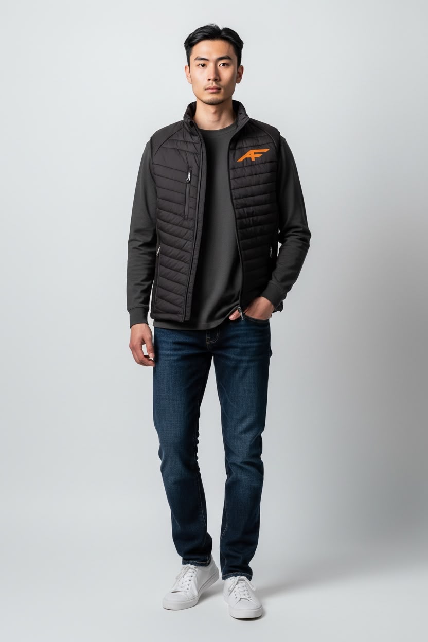Adult Padded Gilet, Black and Seal Grey | AF (model, depiction)